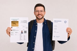 A man holding an eTA and travel insurance A man holding an eTA and travel insurance