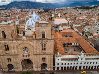 Aerial drone view of the iconic New Cathedral with blue domes