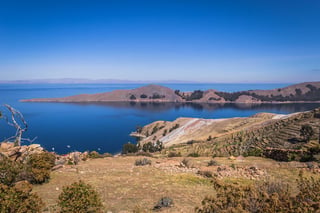 panoramic view of sun island in lake titicaca bolivia