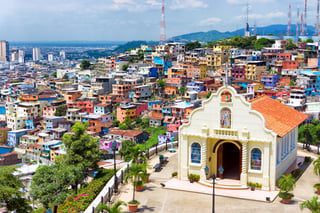 View at people walking at Malecon 2000. It is the name given to boardwalk overlooking the Guayas River in the Ecuadorian port city of Guayaquil