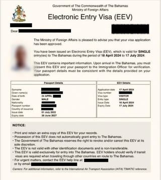 Bahamas Electronic Entry Visa Eev Sample Image