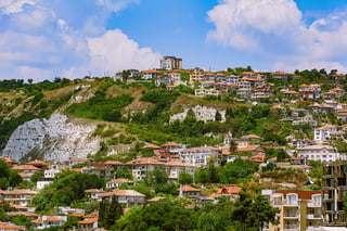 Houses Of Small Town Balchik On The Slope Of A Hill In Bulgaria
