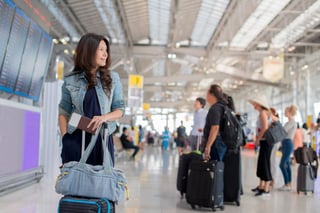 Asian Woman At International Airport Holding Passport Ticket Luggage