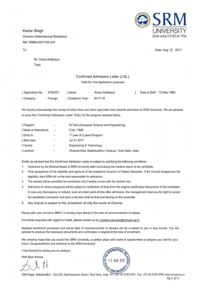Admission Letter Sample