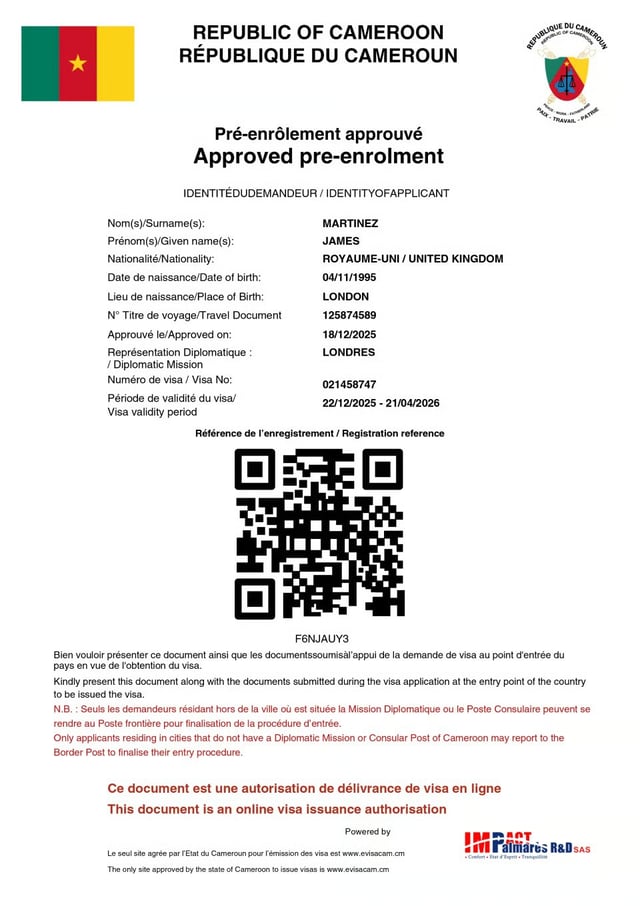 Approved Cameroon Evisa Sample