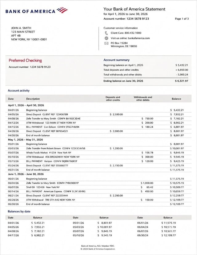 Bank Of America Bank Statement