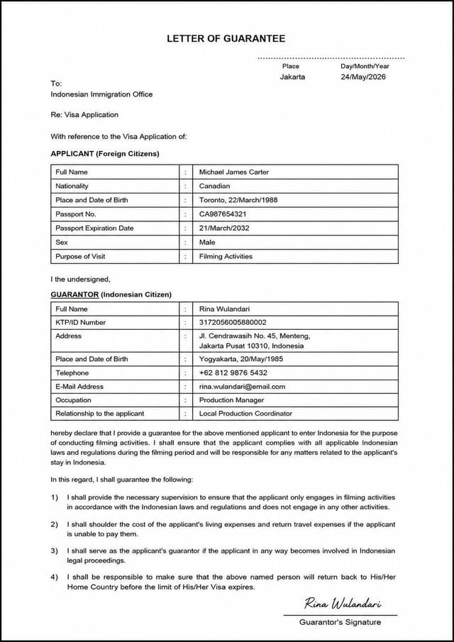Guarantee Letter From Guarantor For Filming