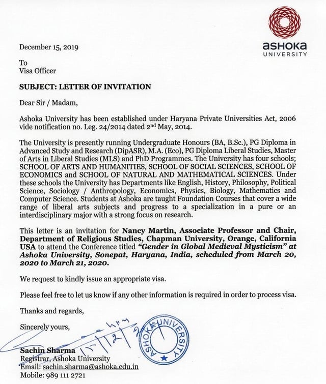 India Invitation Letter Sample