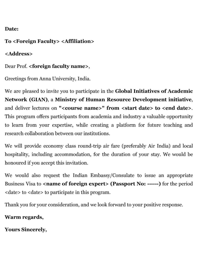 Invitation Letter From Indian Host Institute