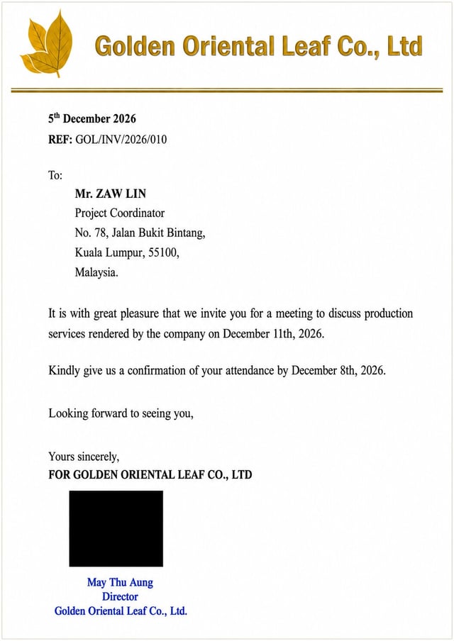 Myanmar Business eVisa Invitation letter from organiser