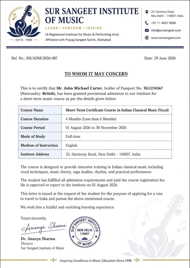 Official Letter From Institute Sample