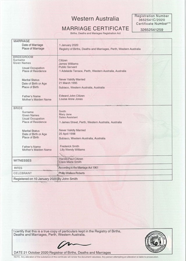 Sample Marriage Certificate