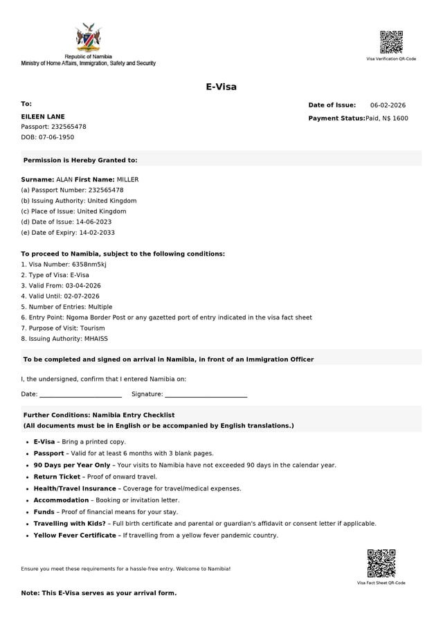 Sample Of Approved Namibia Evisa