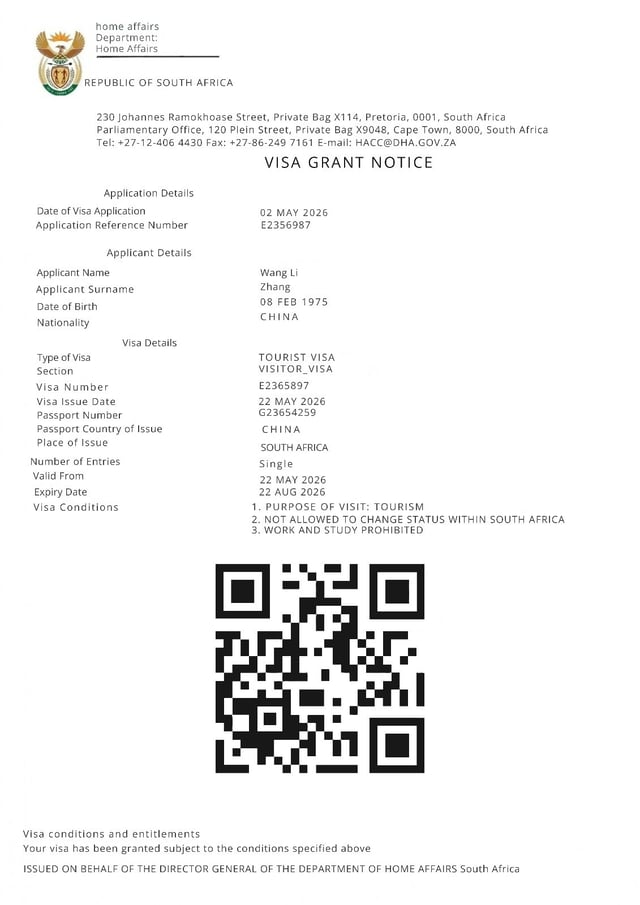 Sample Of Approved South-Africa Evisa