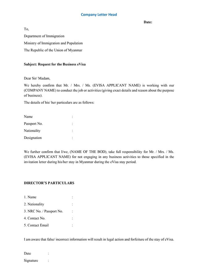 Requisition Letter from Inviting Company for Myanmar Business eVisa