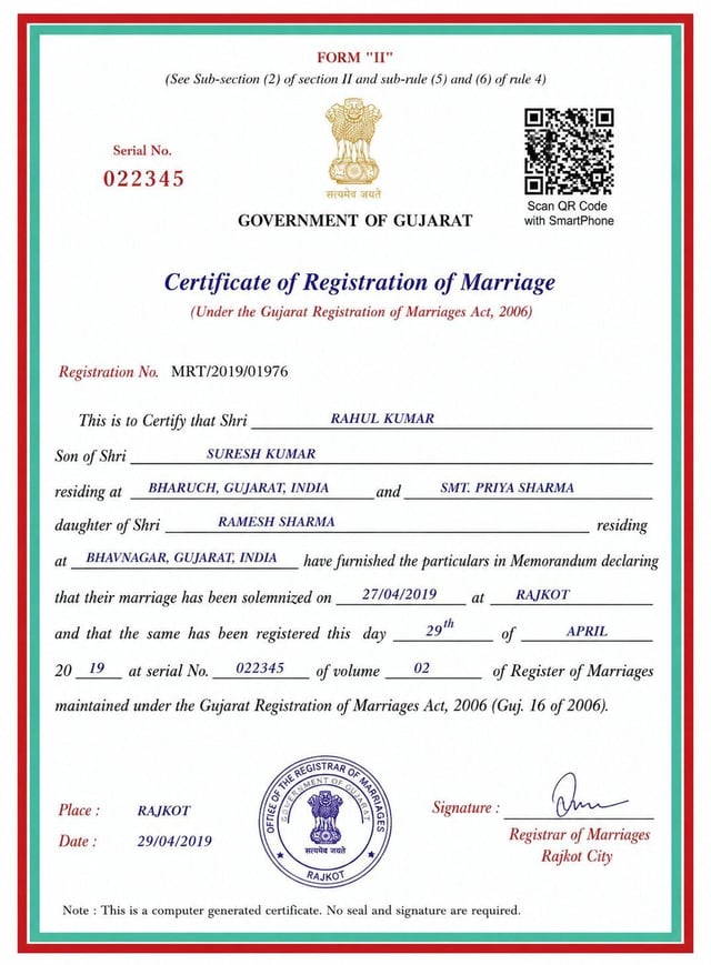Sample Of Marriage Certificate