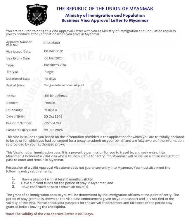 Sample Of Myanmar Business Evisa Approval Letter