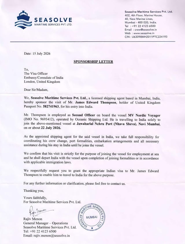 Sponsor Letter From Shipping Agent