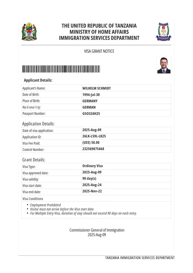 Tanzania Evisa Sample Image