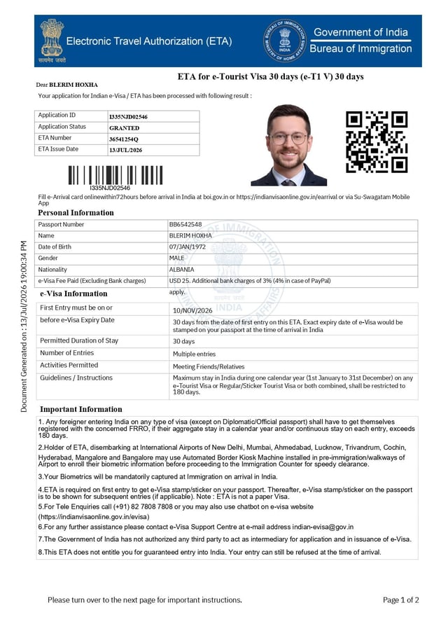 India e-Tourist Visa