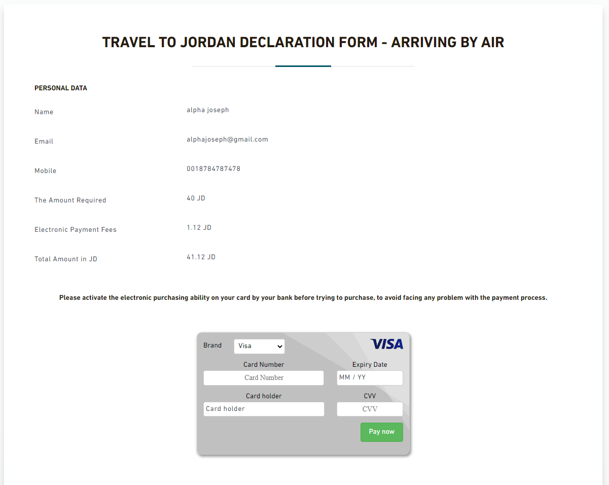 Travel to Jordan Declaration Form - Arriving by Air