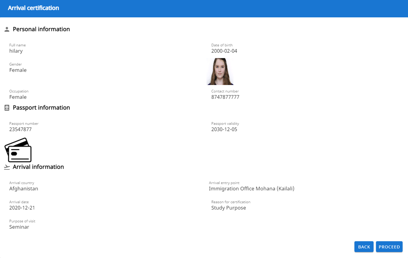 Arrival certification