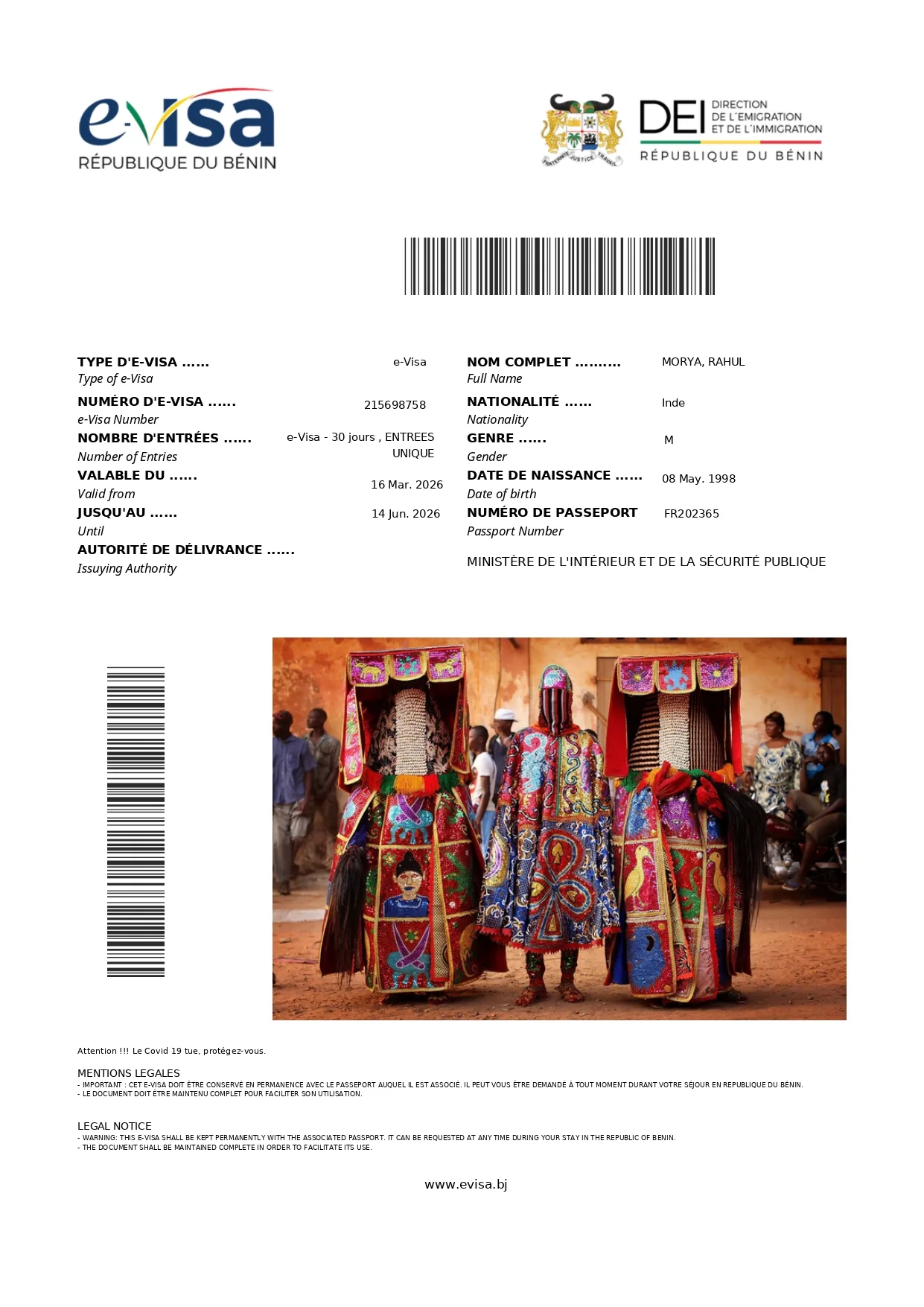 Official Benin eVisa document sample
